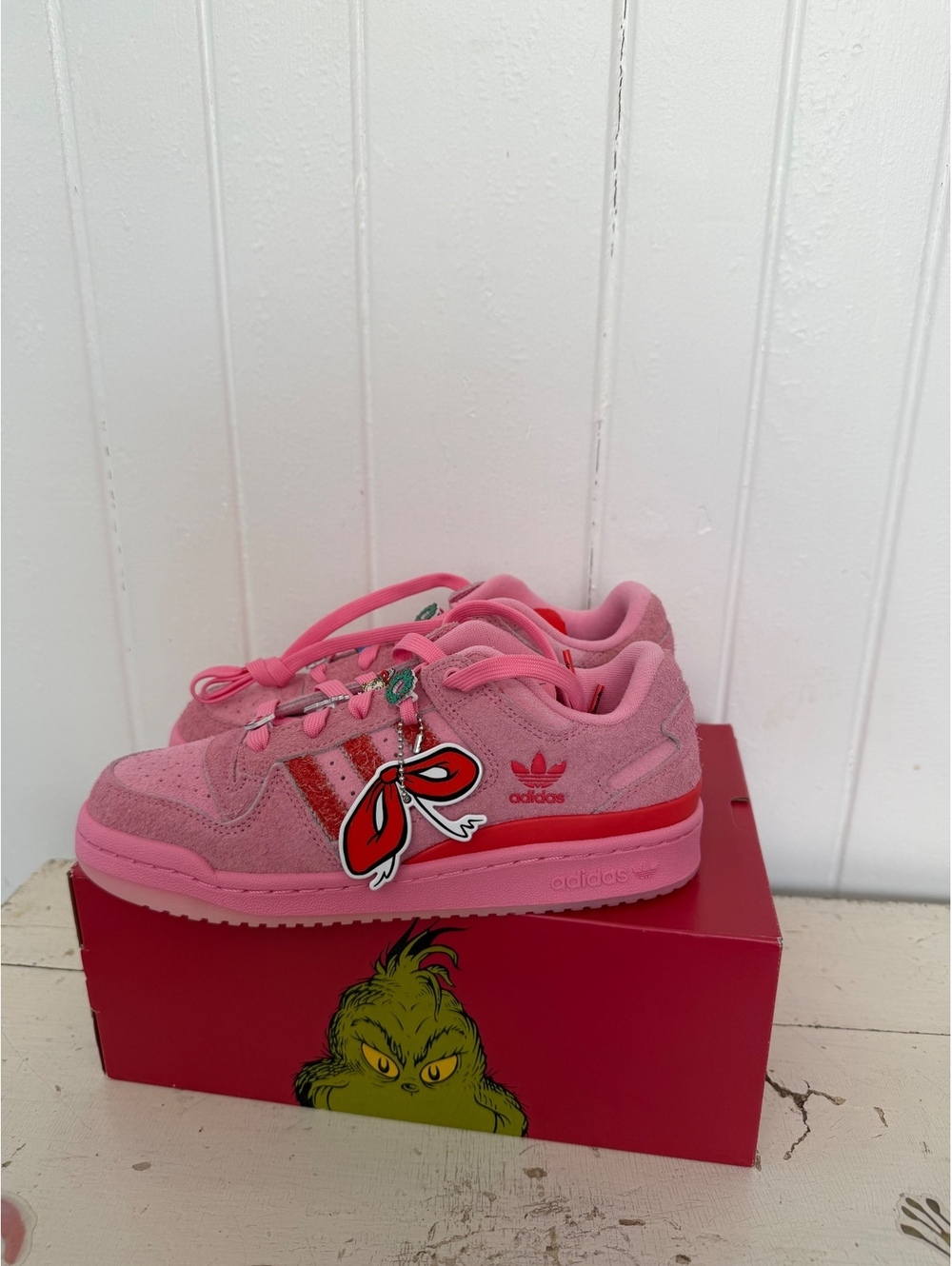 Adidas Forum Low Pink Suede Grinch Holiday Edition Sneakers with Charm Laces and